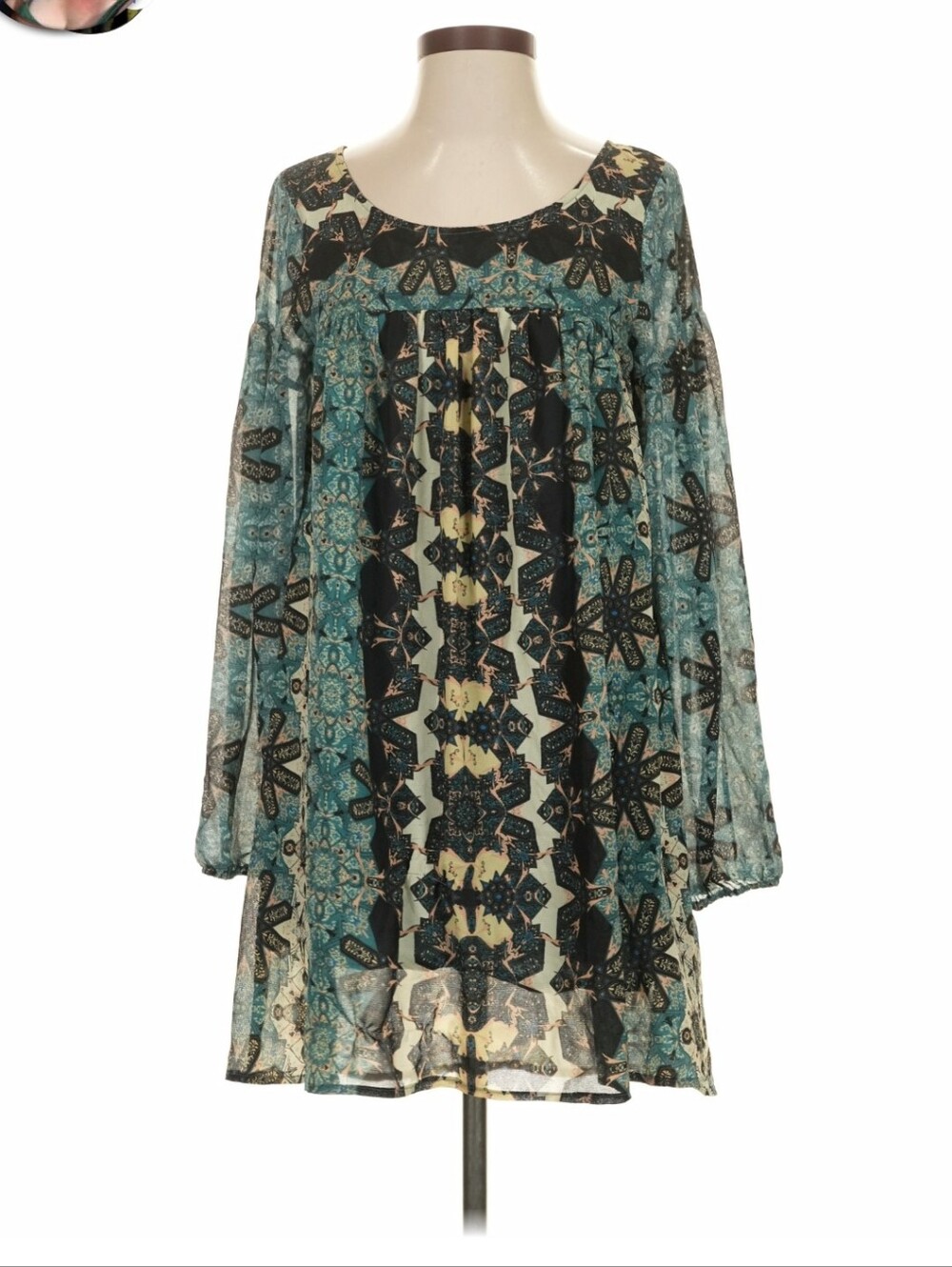 Free People Teal and Black Printed Long-Sleeve Tunic Dress
